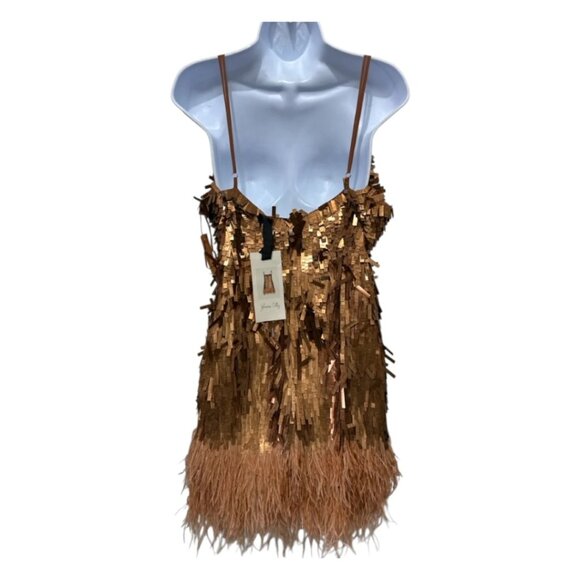 NWT Johanna Ortiz Chemical Attraction Metallic Feather Trim Minidress Gold Sz 10 - Picture 14 of 15